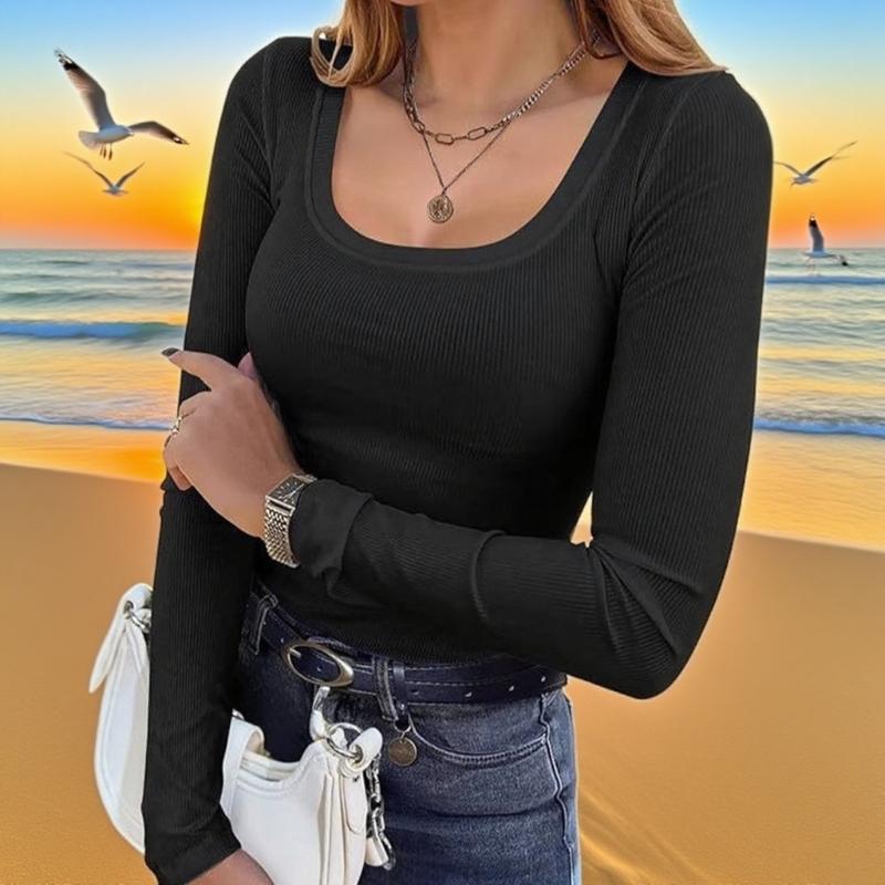Womens Long Sleeve Shirt Square Neck Tops Ribbed Knit Basic Tee Top Teen Girls Fall Outfits Fashion Clothes 2026
