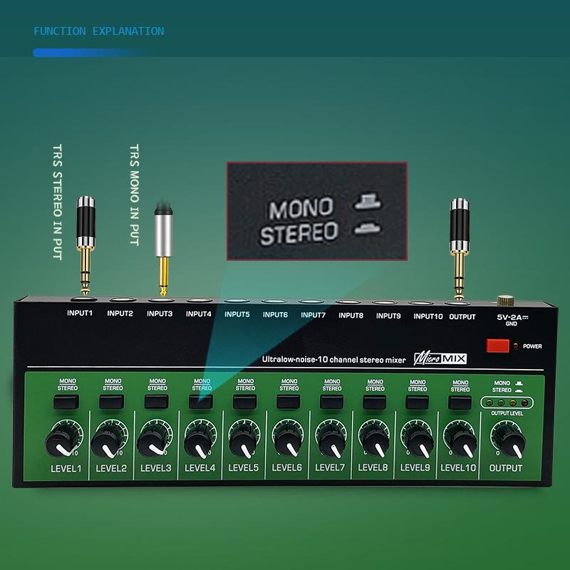 10-Channel Audio Mixer for Musical Instruments and Guitar Amplifier