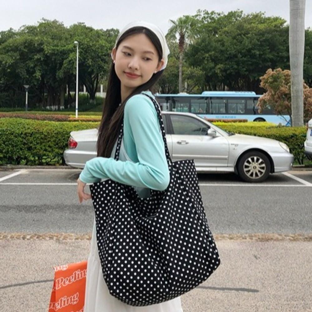 Canvas Große Tragetasche Große Kapazität Vintage Umhängetasche Gepunktete Handtasche Damen