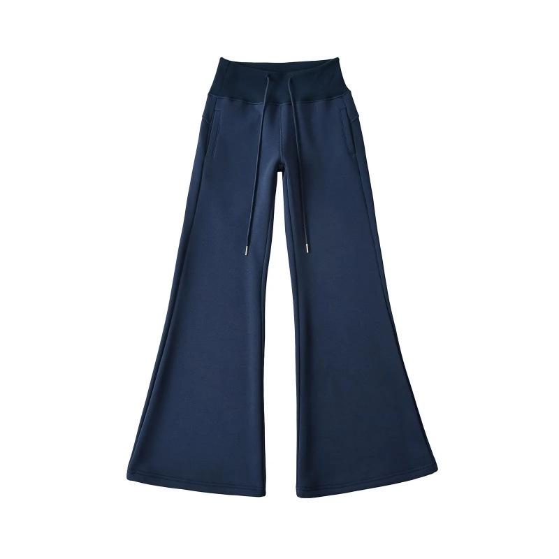 Women's Cotton Flannel Flare Sweatpants - Thickened, Floor-Length, Mid-Low Elastic Waist, Versatile for Autumn and Winter