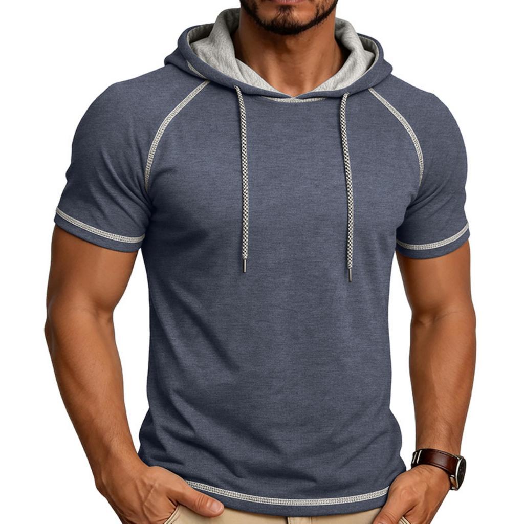 Camiseta de Manga Corta con Capucha para Hombre Casual Pullover Ligera Manga Raglán Sudadera con Cordón Ajuste Atlético Top de Verano