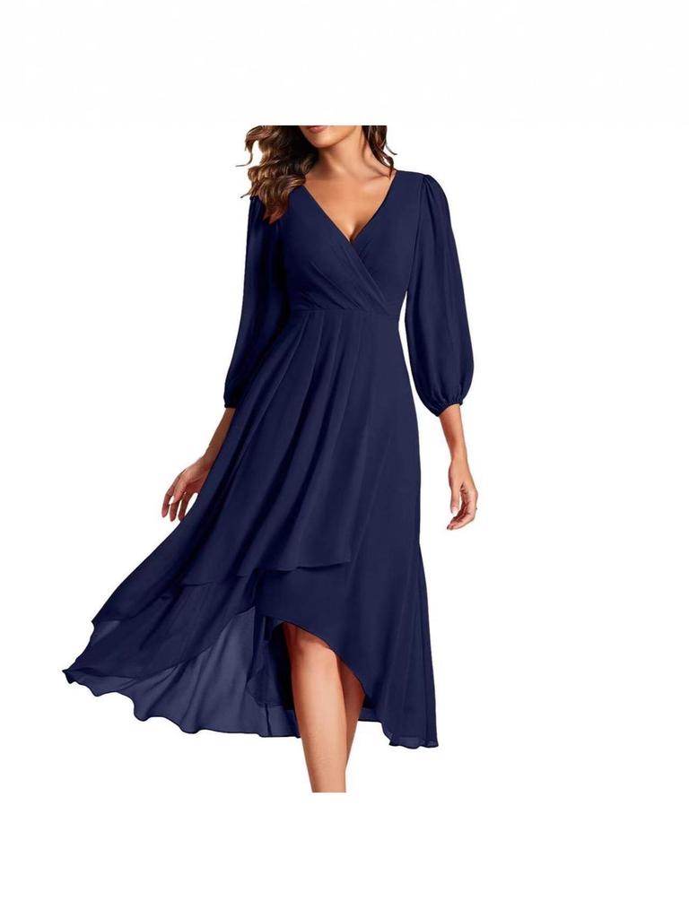 V-neck Solid Color Slim-fit Bridesmaid Evening Dress with Three-quarter Sleeves