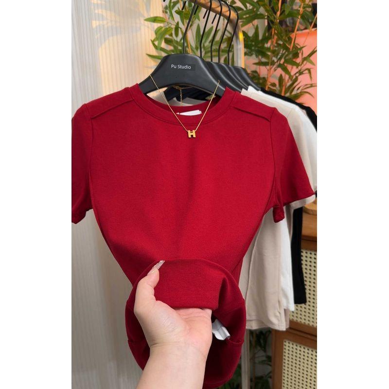 

round Neck Fishbone Line Summer Pure Color Silm Short Sleeve T-Shirt Tomato Red L