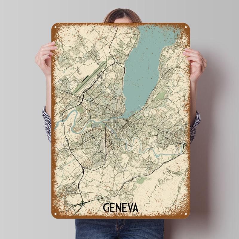 

Geneva City Map Metal Signs Map Poster Decoration Bedroom Custom Tinplate Sign for Wall Art Decoration Vintage Home Decor Items 7.9x11.8In(20x30cm)
