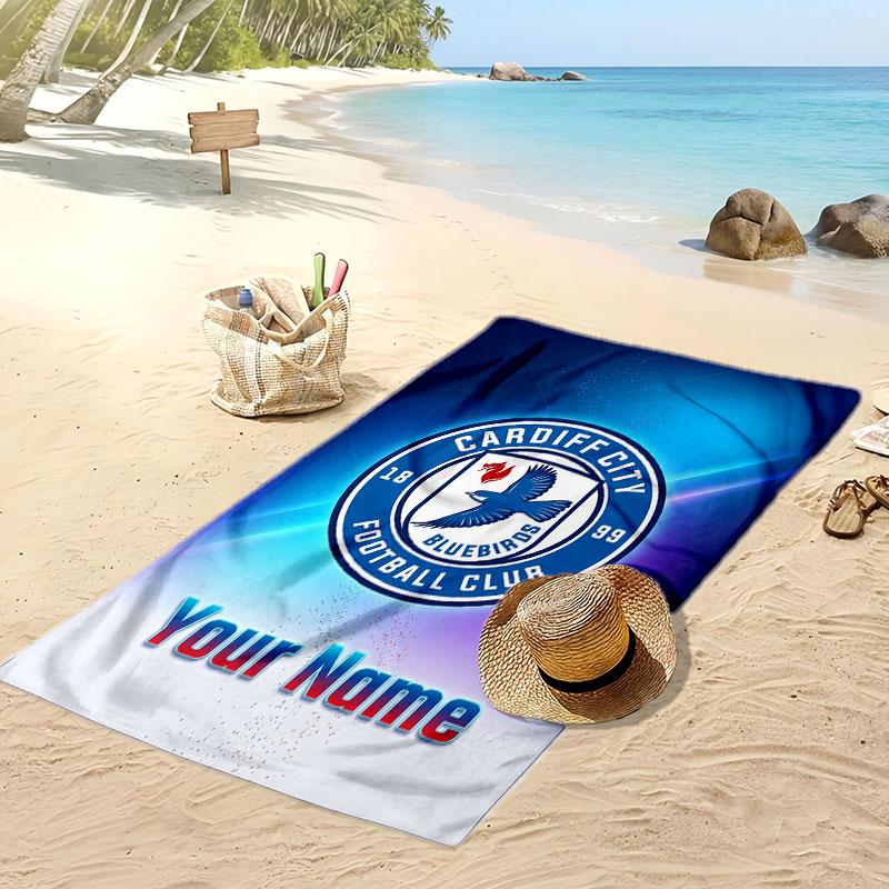 Cardiff City Personalized Printed Beach Towel Soccer Logo Support Custom Name Text Absorbent Towel For Sport Travel Special Gift
