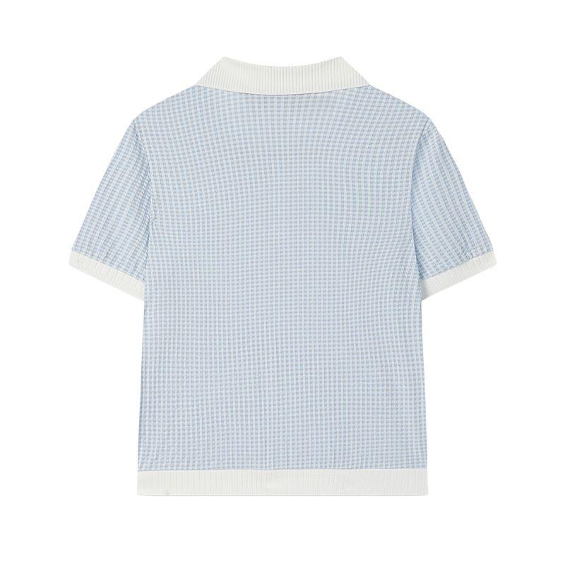 Fila White Bubble Check Simple Plaid Casual Commuter Versatile Short Sleeve Polo Shirt Women Polo Shirts Ice-Blue F11W523111F-LB