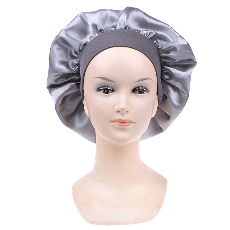 58Cm Solid Color Women Satin Bonnet Cap Night Sleep Hat Adjust Shower Caps