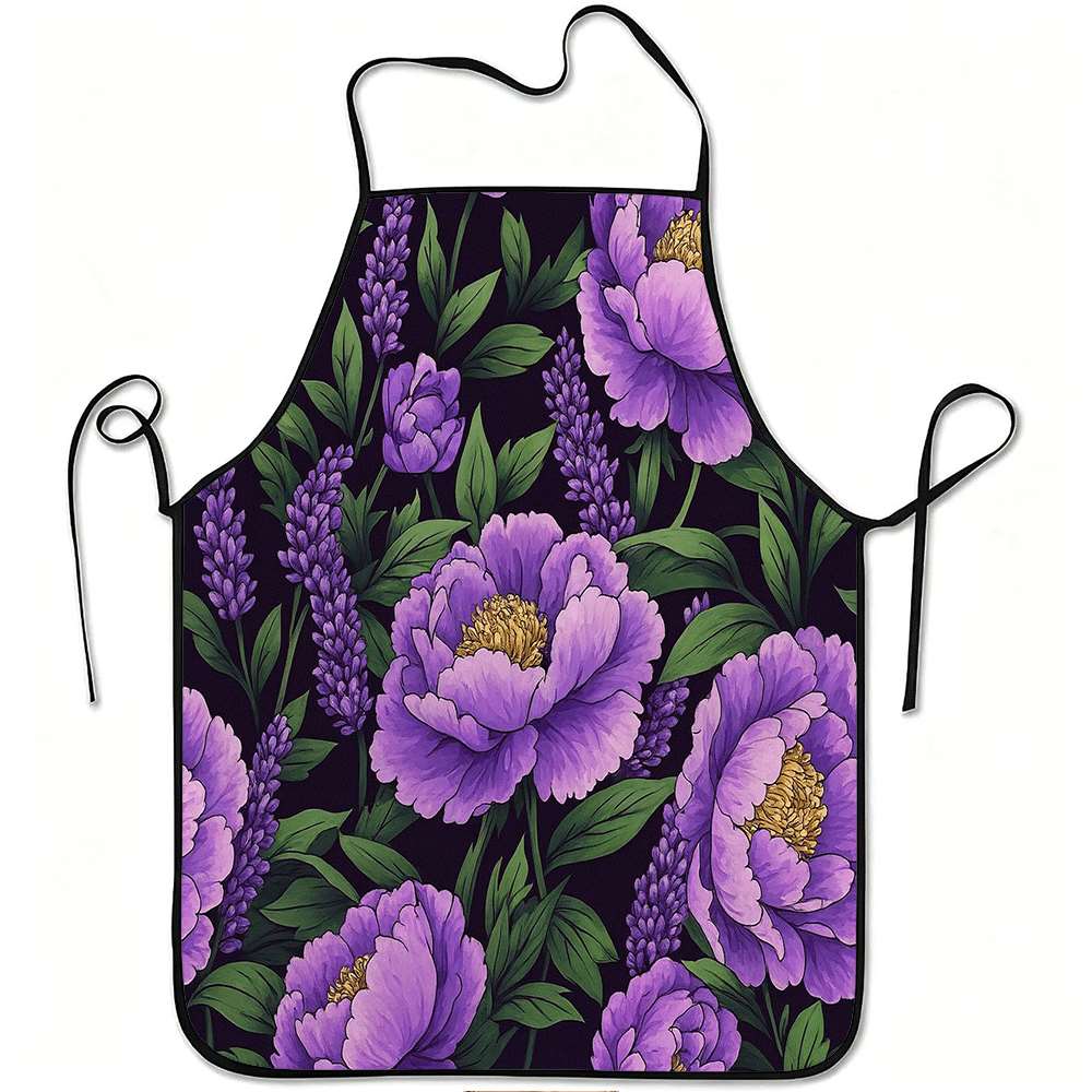 1 Piece Purple Peony and Lavender Floral Print Apron, Durable and Easy To Clean, Polyester Material Suitable for Kitchen Cooking