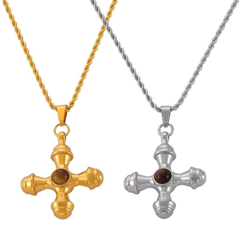 Retro Fashion Light Luxury Tiger'S Eye Stone Cross Pendant Collarbone Chain Niche Gold New Necklace Women