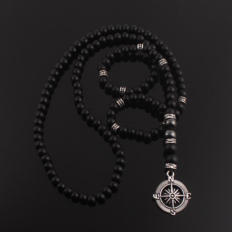 6mm Matte Black Obsidian Necklace with Compass Pendant for Men Handmade Zircon