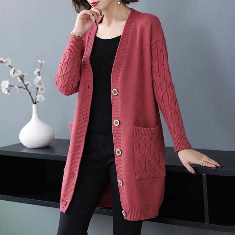 Women's Solid Color Knit Cardigan - V-Neck Mid-Length, Loose Fit Sweater for Spring & Autumn