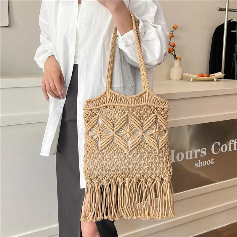 WTEMPO Straw-woven Bag Retro Hollowed-out Hand-woven Single-shoulder Cotton Thread Crossbody Bag Casual Vacation Bucket Beach Bag
