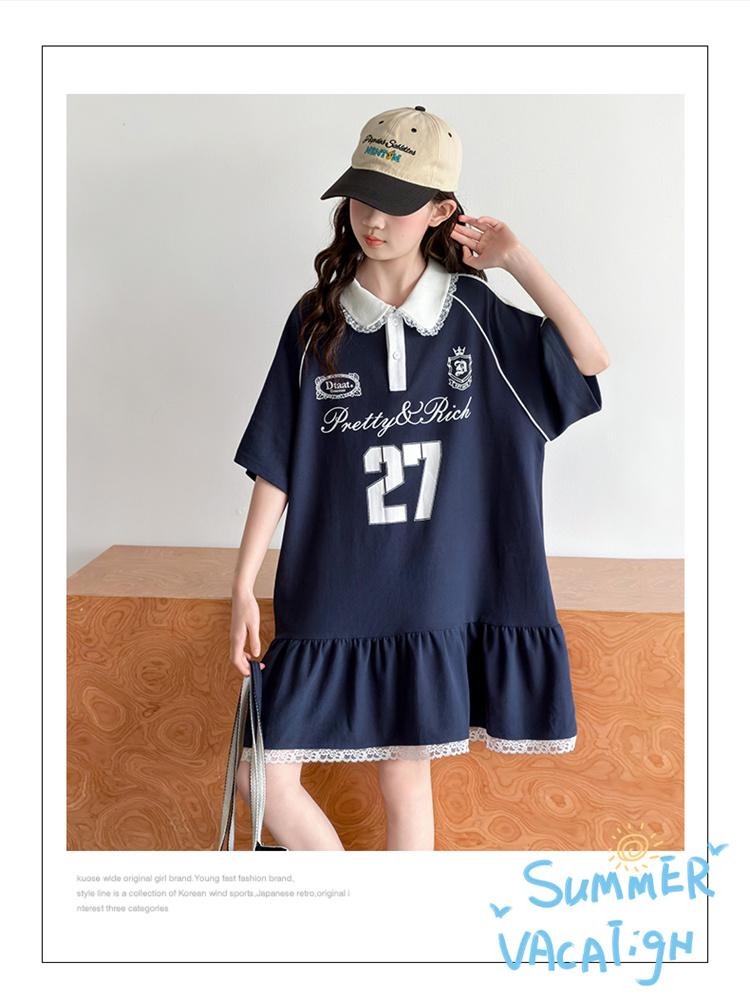 Girls' summer dress college style polo collar short sleeved dress 2026 new children's Korean casual long dress