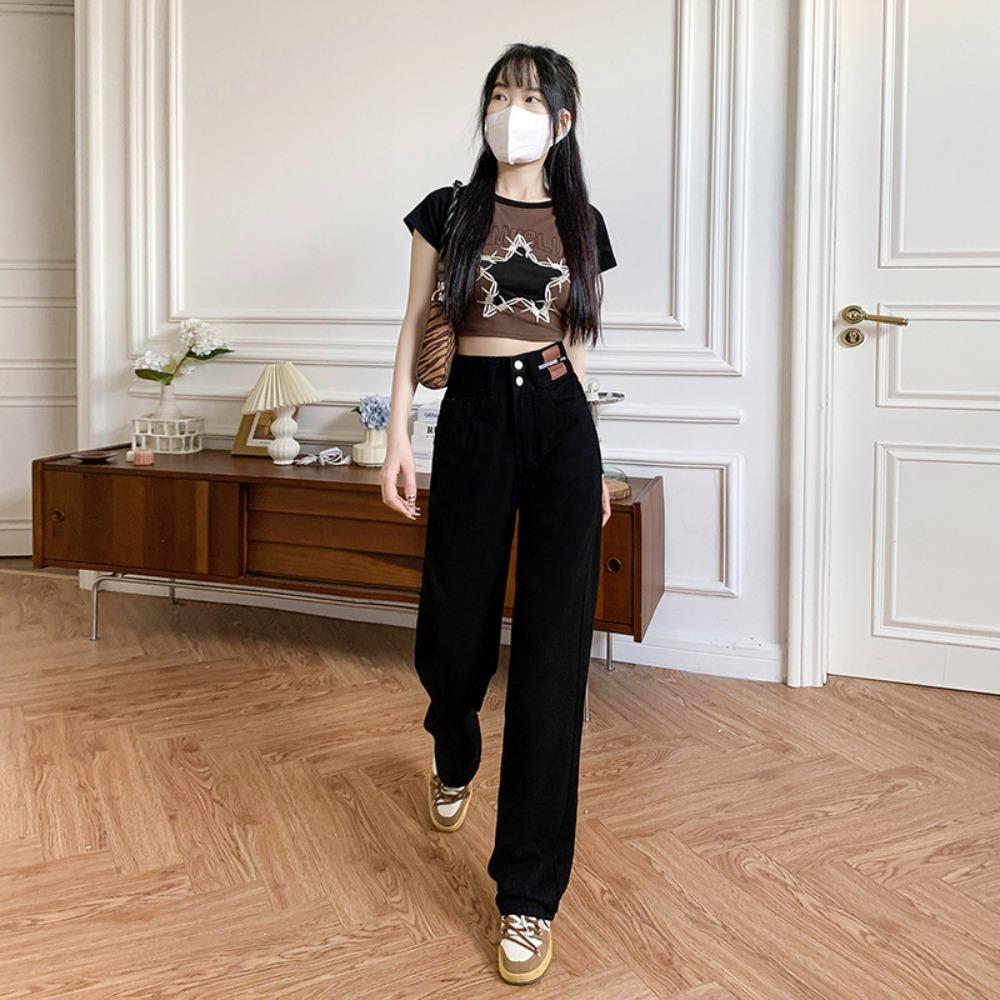 Double-button Straight Wide-leg Jeans Women's Leather Brand 2025 Autumn and Winter New Versatile and Thin Floor-mopping Jeans