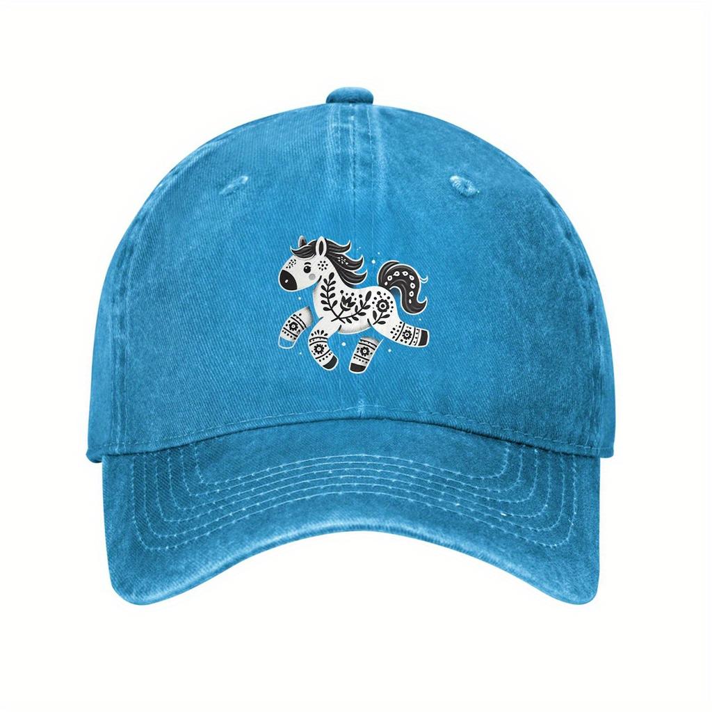 Mexican Folk Art Horse Print Baseball Cap Cotton Distressed Denim Style Casual Outdoor Adjustable Cap