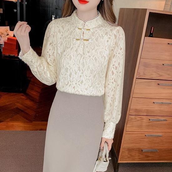 Women Tops Long Sleeve Lace Spliced Slim Fit Half High Collar Pullover Tops