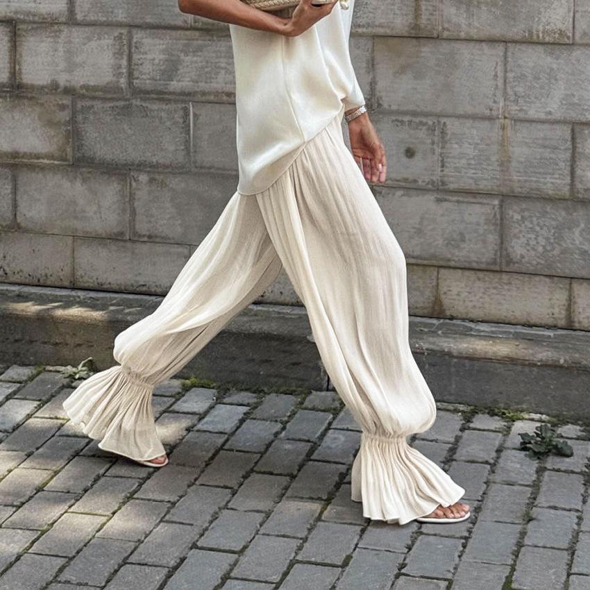 White Wide Leg Pants with Pleated Detail and Ruffle Hem