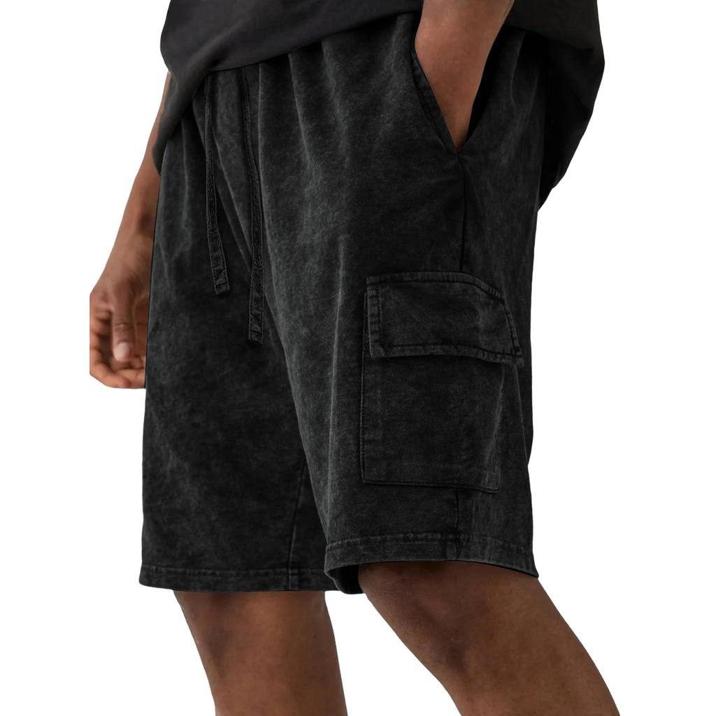 Men's Casual And Fashionable Water-washed Cotton Loose-fitting Shorts - Men's Multi-pocket Workwear Drawstring Shorts