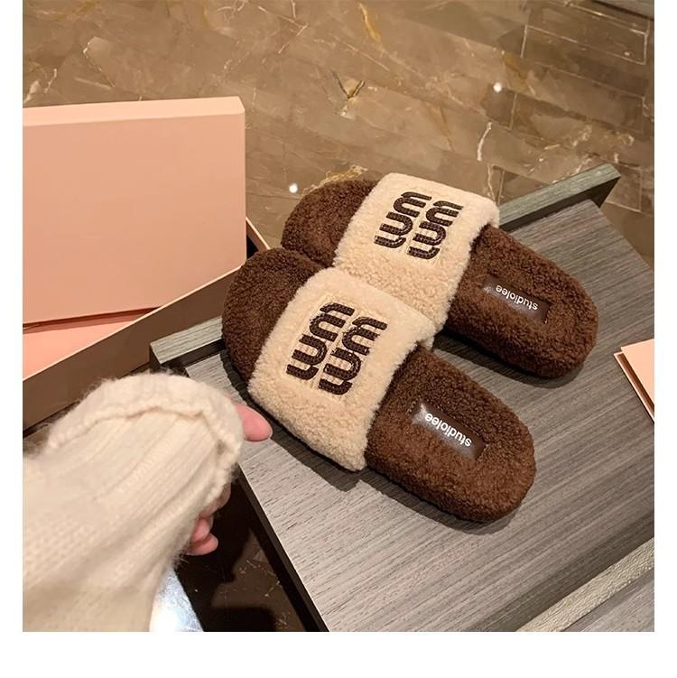Sheepskin Version~ Grape Mother Has the Same Thick-bottomed Fluffy Slippers for Women's Winter Wear 2025 New Open-toed One-word Cool Slippers