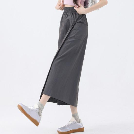 Women Cargo Pants Elastic High Waist Wide-Leg Skirt Pants with Pockets Solid Color Summer Thin Leisure Trousers