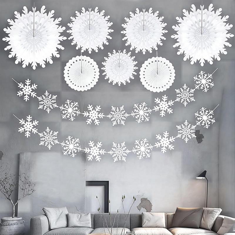 12Pcs Wonderland Winter Christmas Snowflake Frozen Birthday Party Decorations Hanging White Paper Fan Snowflakes Garlands Banner