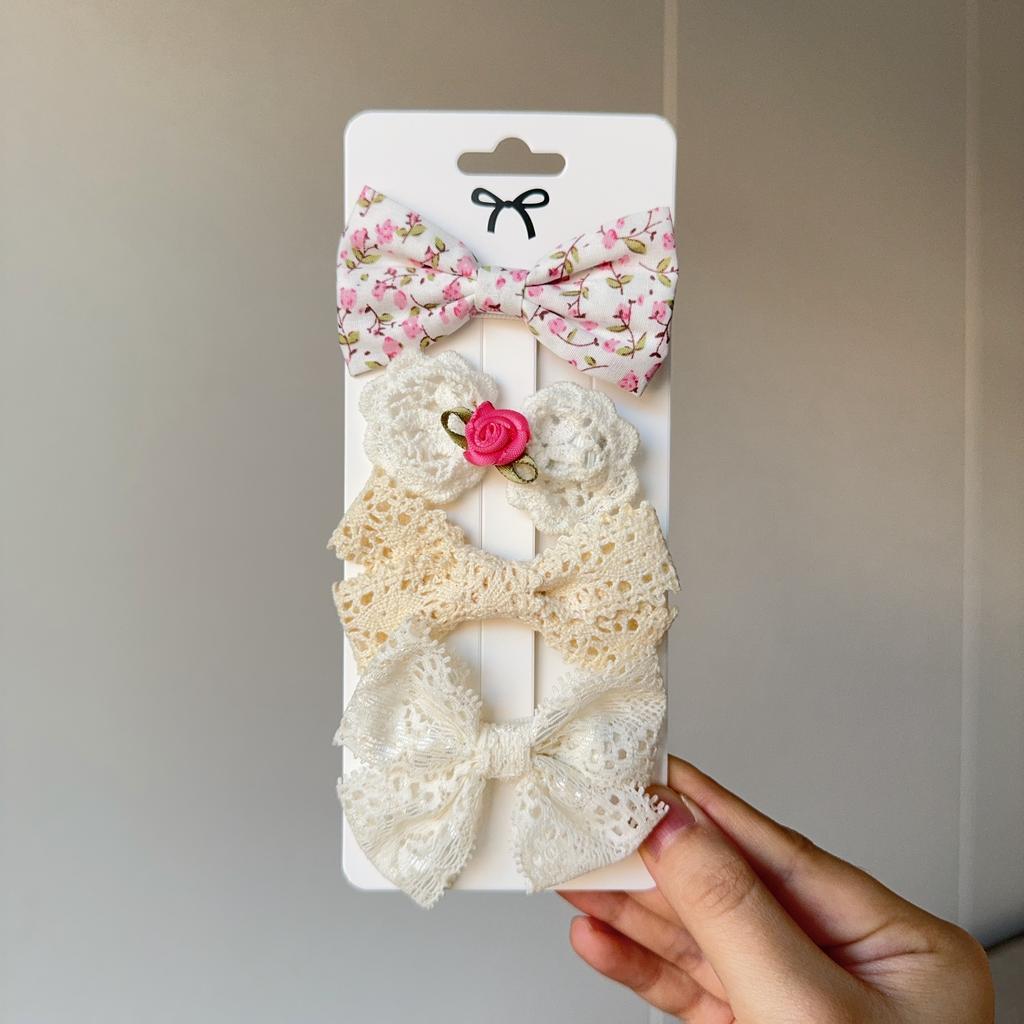 4Pcs/set Solid Flowers Print Bowknot Hair Bow Clips Baby Girls Lace Cotton Linen Barrettes Safety Hairpins Headwear Accessories