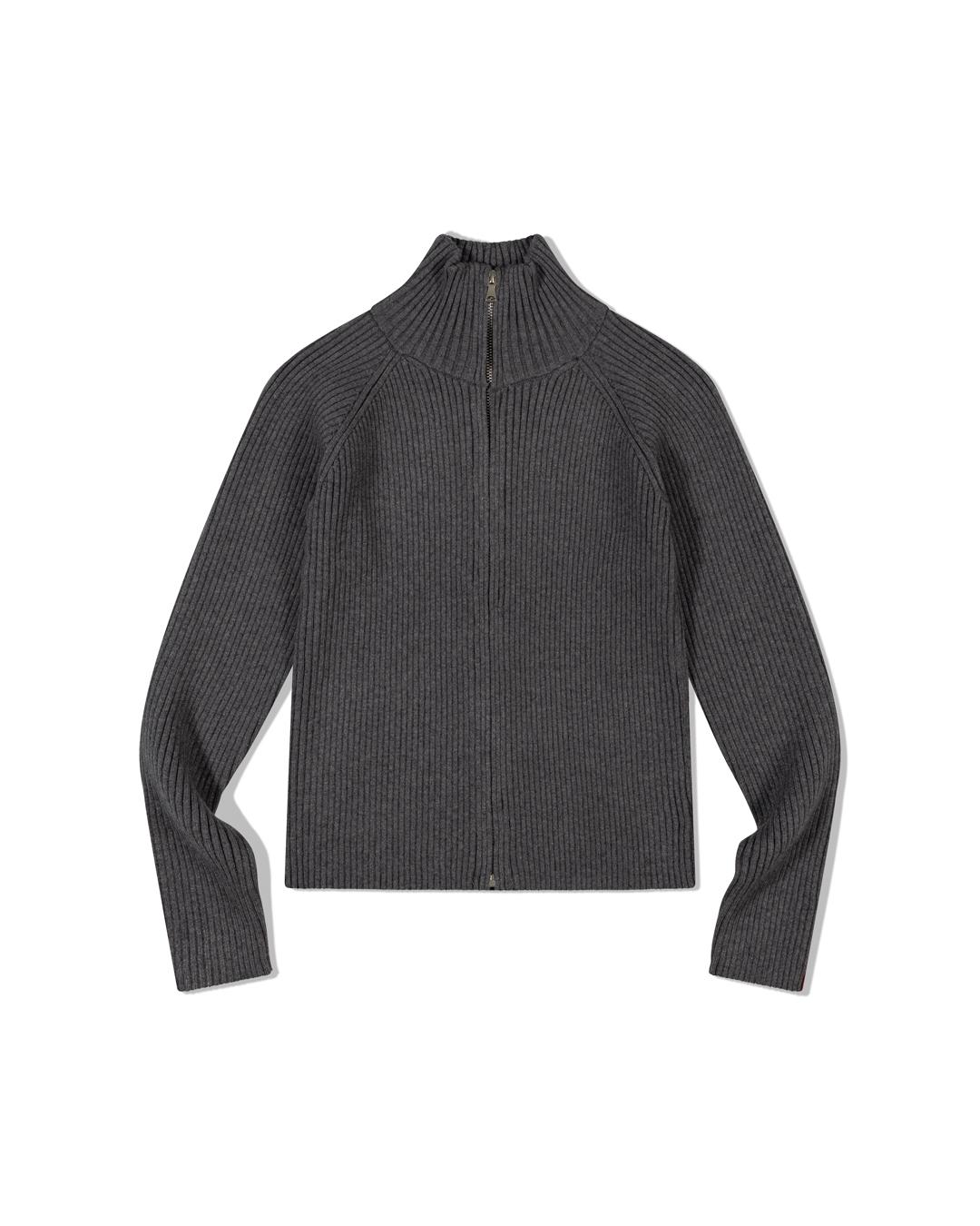 Moa Ribbed Mock Neck Zip-Up (Charcoal) Charcaol/S