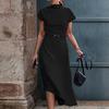 Damenkleid Einfarbig Kurzarm Halboher Kragen Taillenbetont Schräger Saum Bürokleid Damenbekleidung