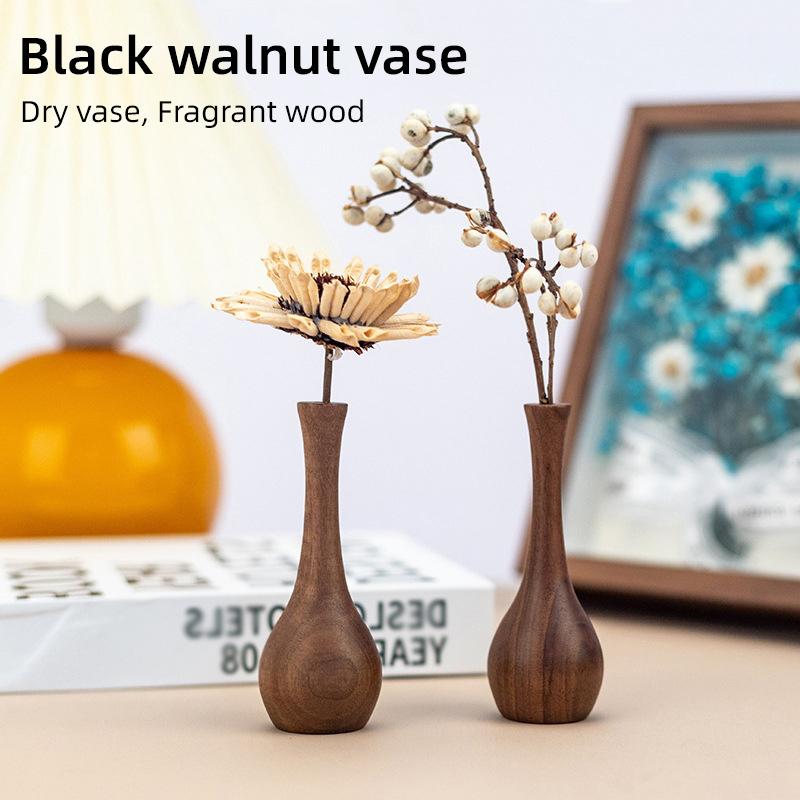 

Black Walnut Solid Wood Flower Vase Creative Vase Chinese Style Desktop Simple Small Ornament Decorative Flower Vase onesize