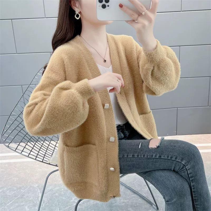 Thickened imitation mink velvet women's jacket spring and autumn new fashion loose regular knitted sweater cardigan women