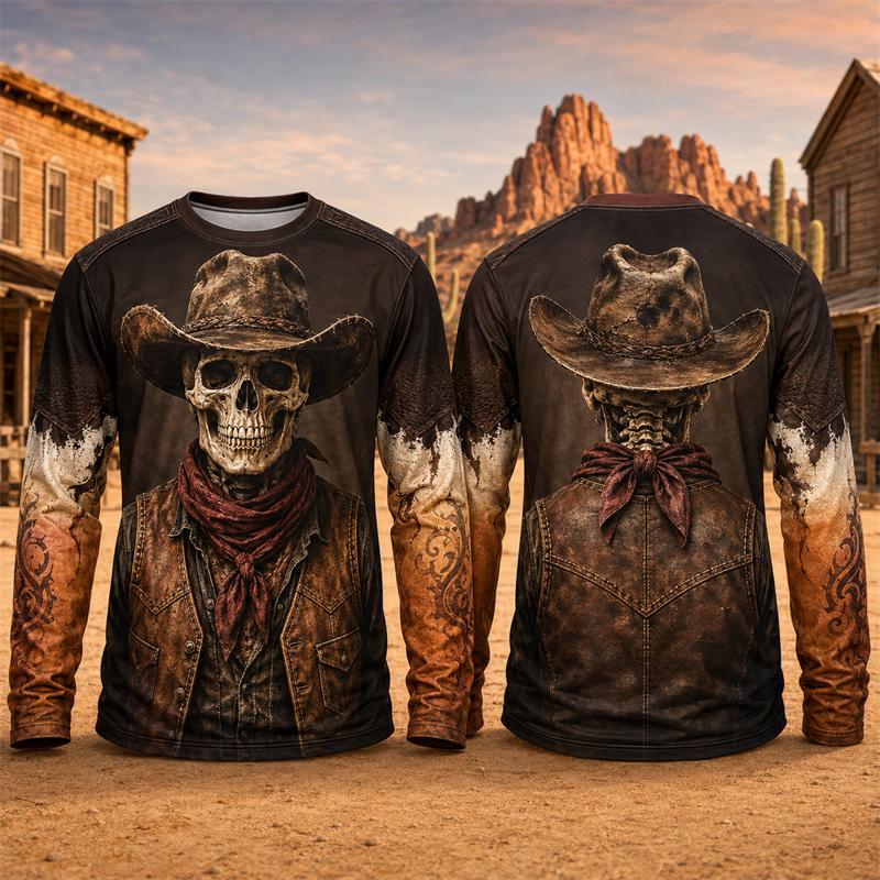 Halloween Novelty Long Sleeve T Shirt Men 3D Print Retro Cowboy Skeleton Graphic Tee Fashion Party Daily Street Casual New Top