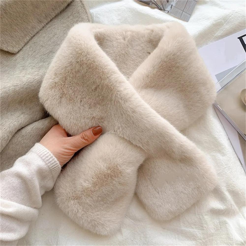 Women Winter Warm Thicken Cross Collar Scarf Solid Color Faux Rabbit Fur Cold Proof Scarves Fashion Soft Furry Neck Warmer