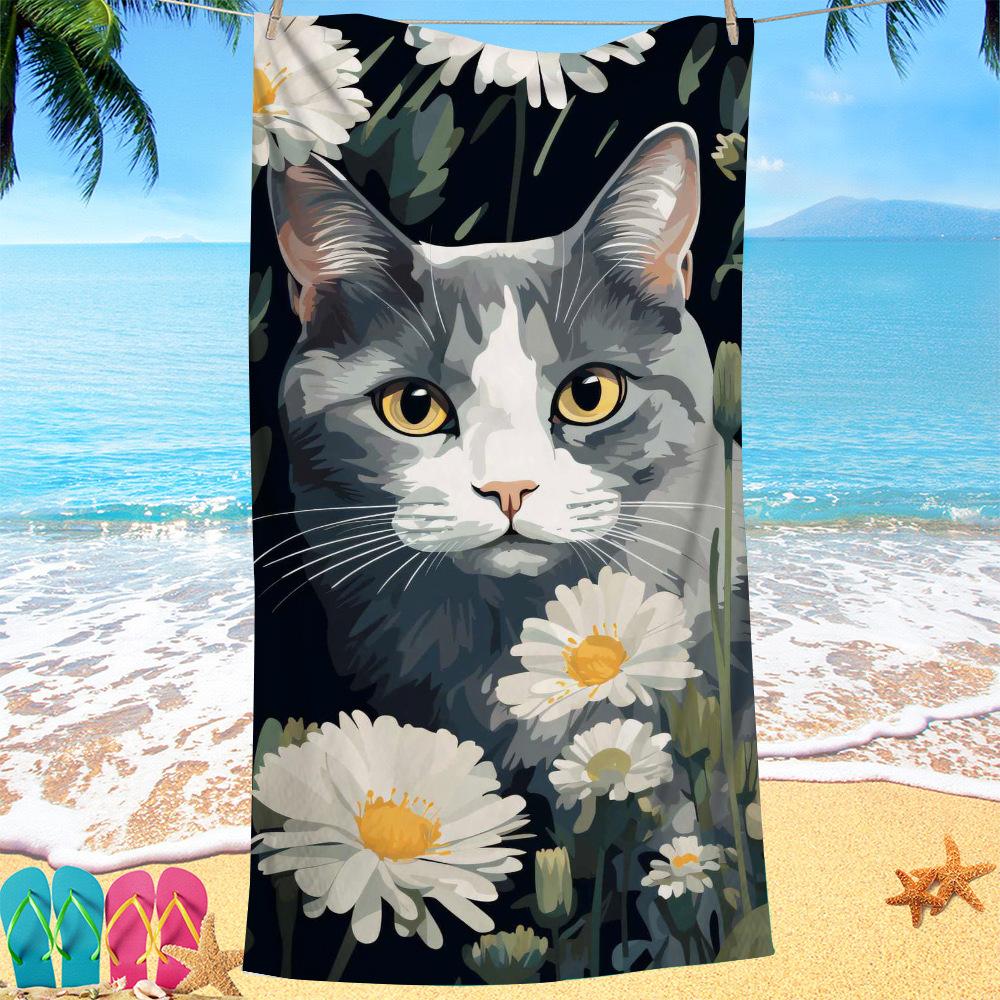 Cat Print Pattern Digital-printed Polyester Superfine Fiber Double-sided Fleece Beach Vacation Bath Towel, Beach Towel