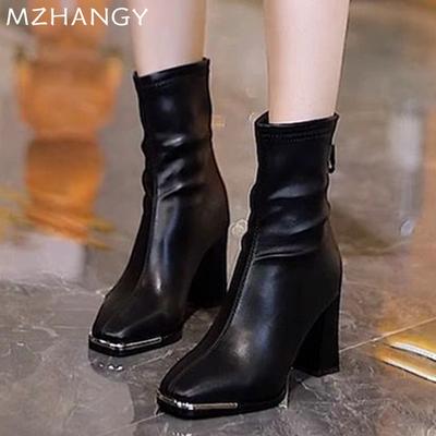 Mode High Heels Damen Stiefeletten Lederschuhe Elegant Spitzpumps Winter 2024 Trend Mode Frau Goth Schnee Kurze Stiefel Frau