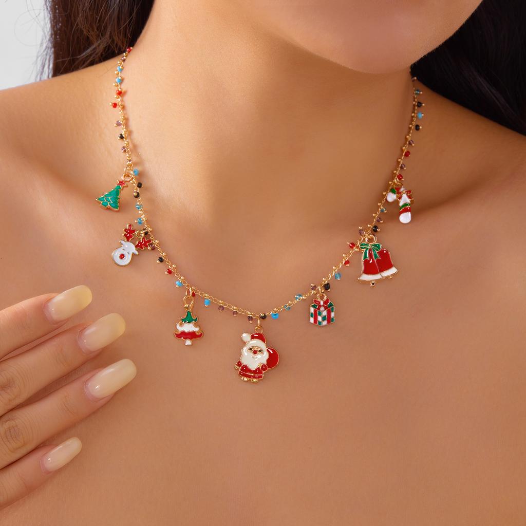 Christmas Snowflake Gingerbread Xmas Tree Pendant Necklace For Women Snowman Santa Claus Snowflake Beads Choker Party Jewelry
