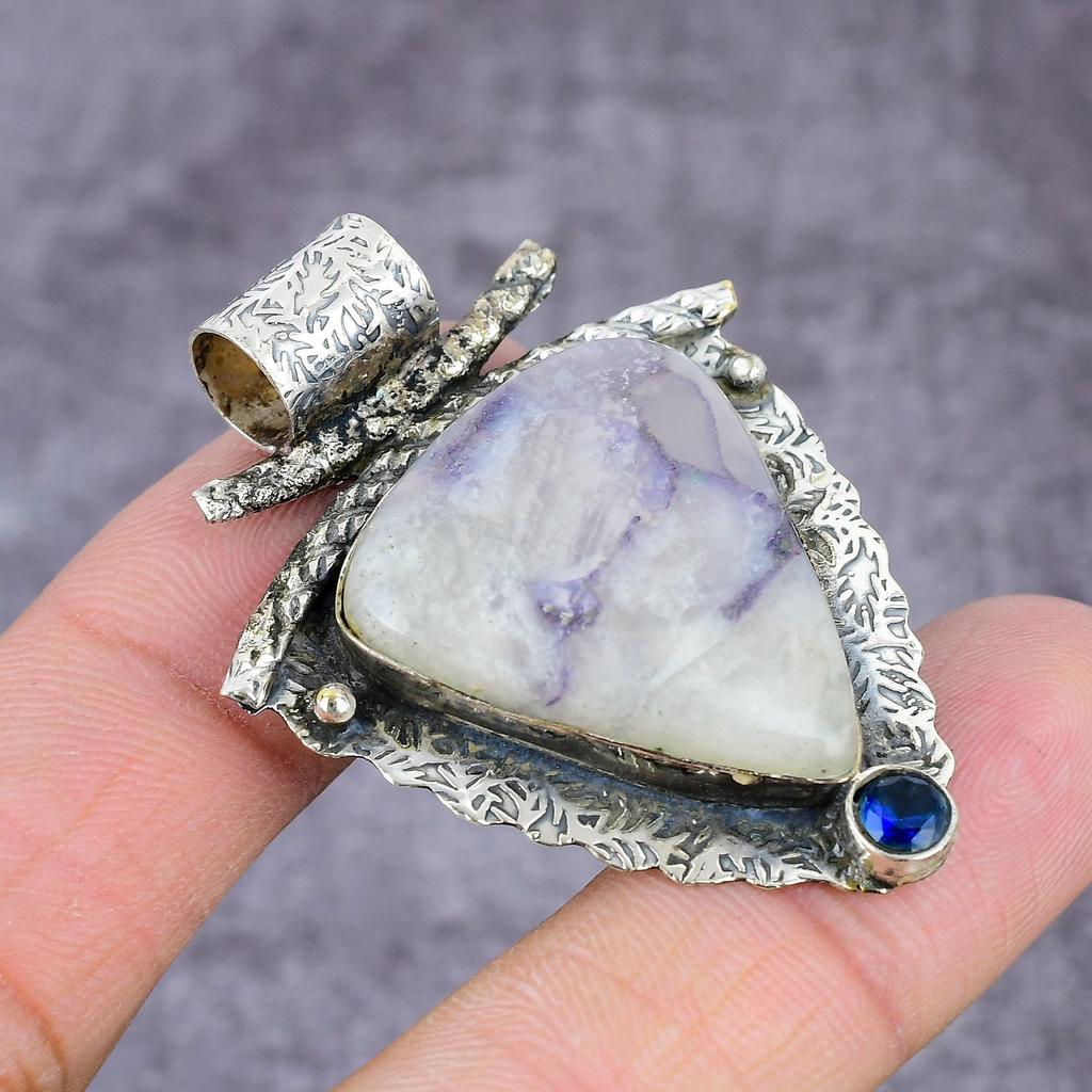 Natural Sodalite, Blue Topaz Handmade 925 Sterling Silver Pendant 2.27" t0U95