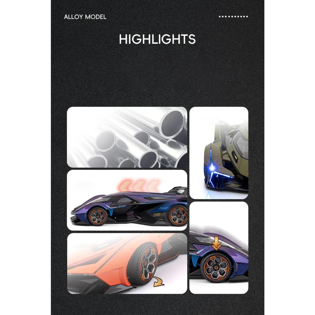 1/18 Lamborghini Vision Gran Turismo V12 GT Supercar Alloy Car Model Sound and Light Pull Back Children's Toy Collectibles Birthday Gift