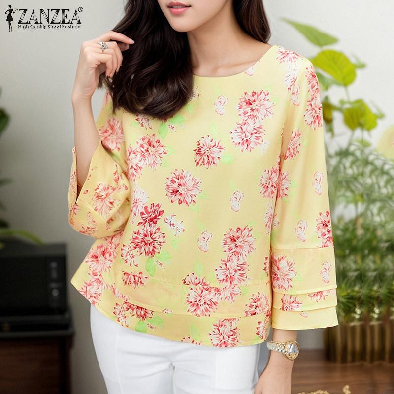 ZANZEA Women Casual Round Neck Loose 3/4 Sleeve Print Blouse