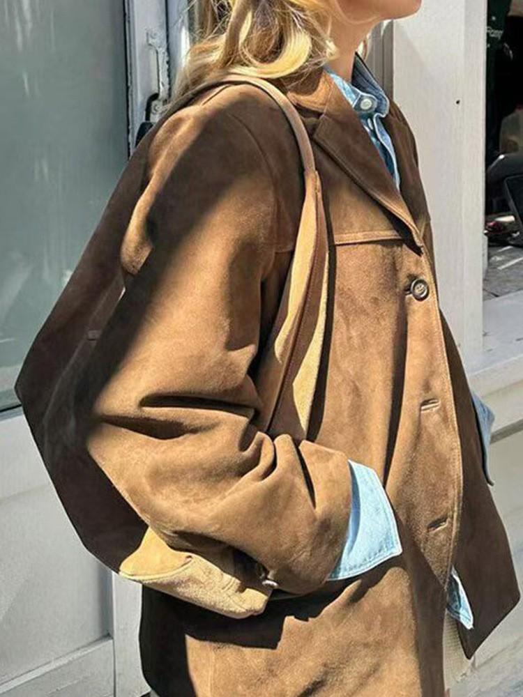 Retro Bruine Losse Zak Lange Mouw Damespak Jasje - Europese & Amerikaanse Stijl