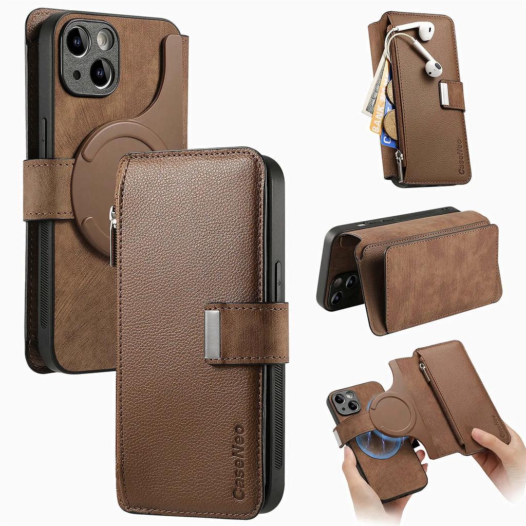 Reißverschluss Kartenfach Geldbörse Leder 2-in-1 Kabellose Ladehülle Für iPhone 15 16 Pro Max 14 Plus 13 12 11 XS Abnehmbare Tasche Hülle