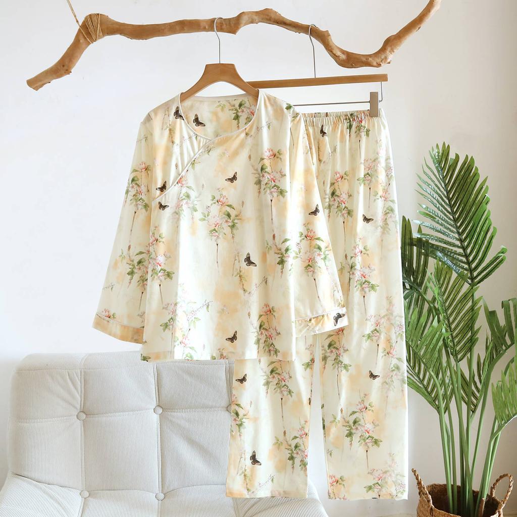 Nuovo Set Pigiama da Donna Primavera e Autunno 2026, Nuovo Stile Cinese Puro Cotone Popeline Manica Lunga Abbigliamento da Casa Set Due Pezzi