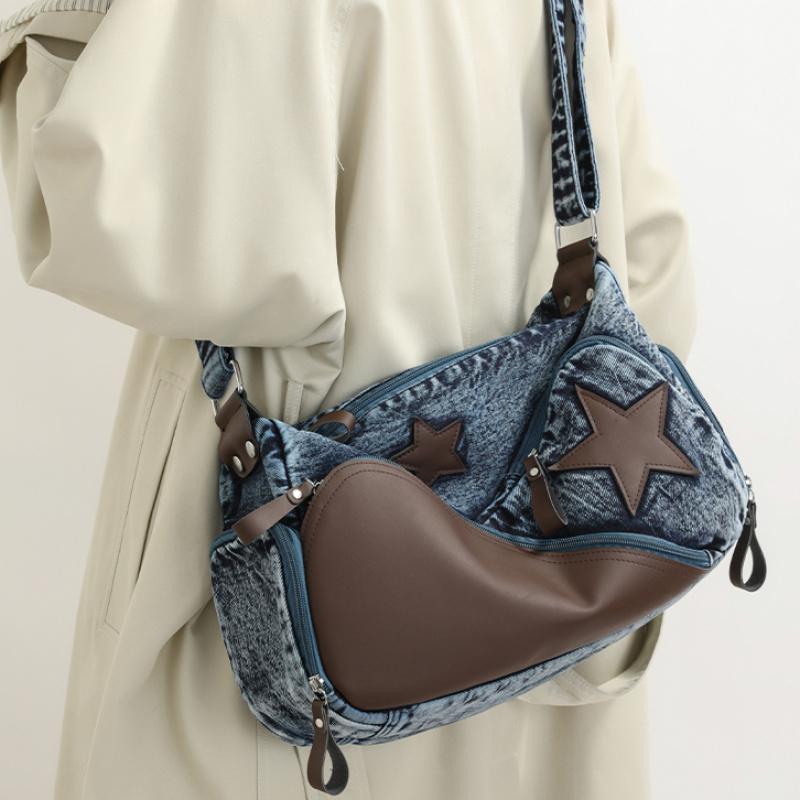 Women'S Shoulder Bag Ladies Large Capacity Denim Shoulder Crossbody Bag Leisure Commuting Handbag Star Tote Bag