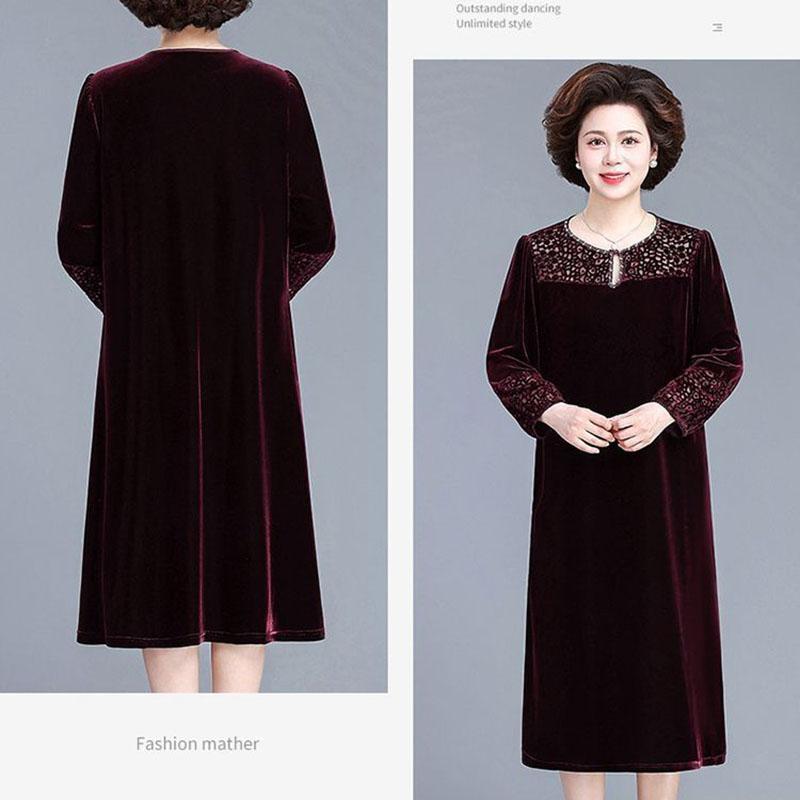 Autumn Winter Women's Gold Velvet Dress Crew Neck Plus Size Dress Long Dresses