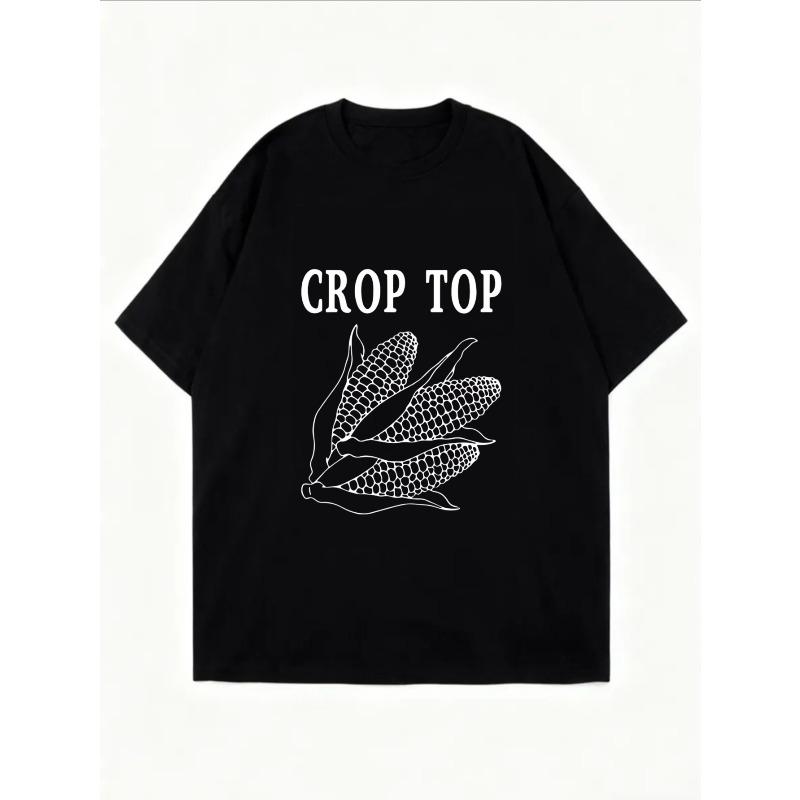 Crop Top White Corn Graphic And Text Print Casual Summer Wear