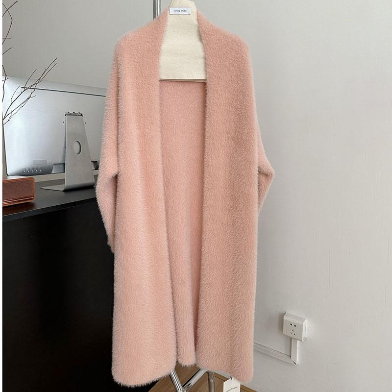 Women's Long Knitted Cardigan Jacket Autumn Winter Loose Faux Mink Fleece Knit Sweater Coat Solid Fleece Open Front Cardigan Coat