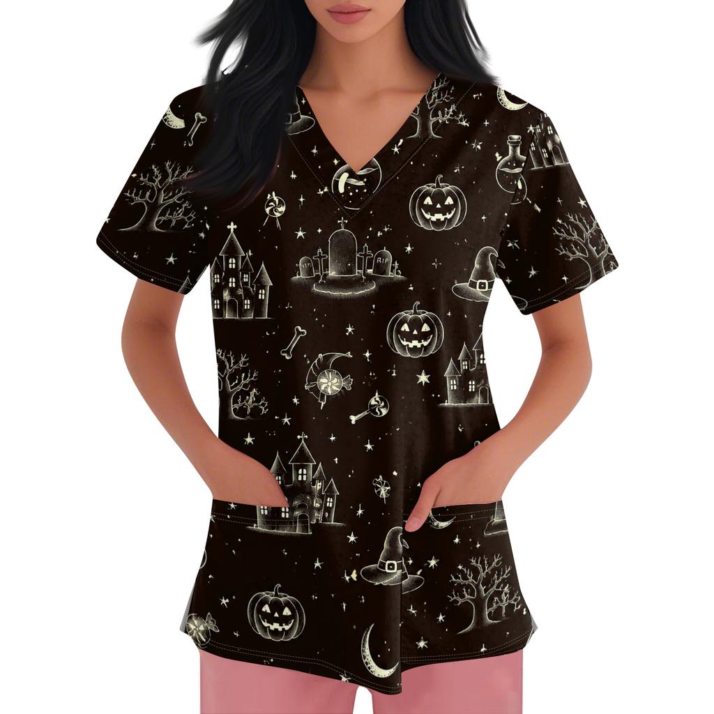 Women Short Sleeve Halloween Print V Neck Pocket Medical Scrub Top Nurse Uniform Shirt Comfortable Fit Durable Fabric