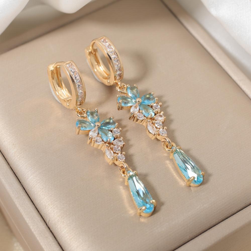 Luxury Flowers with Water Droplets Zirconia Dangle Earrings for Women Golden Earring Jewelry Party Accessories