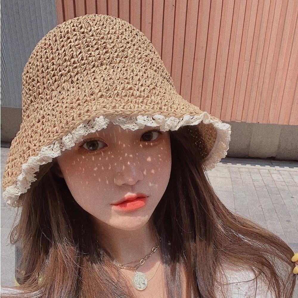Fashion Foldable Summer Sun Hat Hollow Sun Protection Straw Hat Lace Trim Bucket Hats Travel