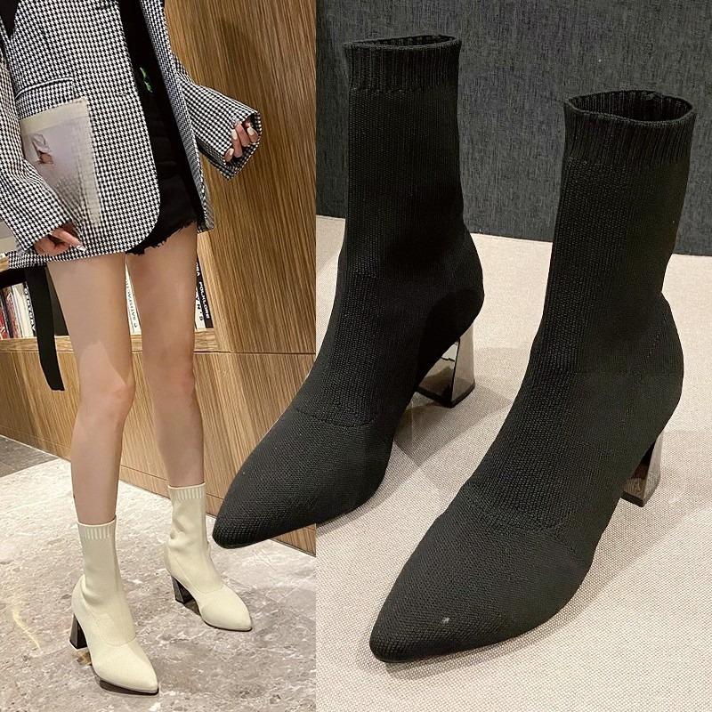 Fashion Stretch Knit Breathable Booties Women Spring and Autumn Pointed Toe Versatile Block Heel High Heel Skinny Boots