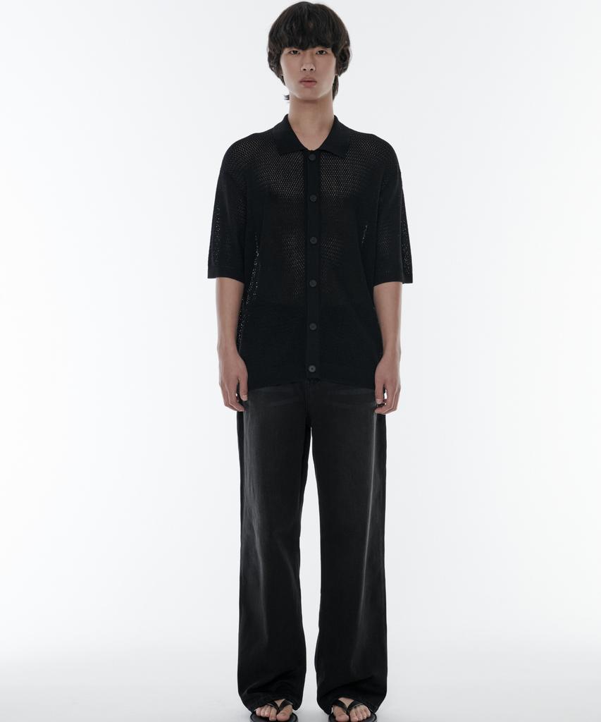 Musinsa Standard Crochet Collared Short Sleeve Cardigan [Black]
